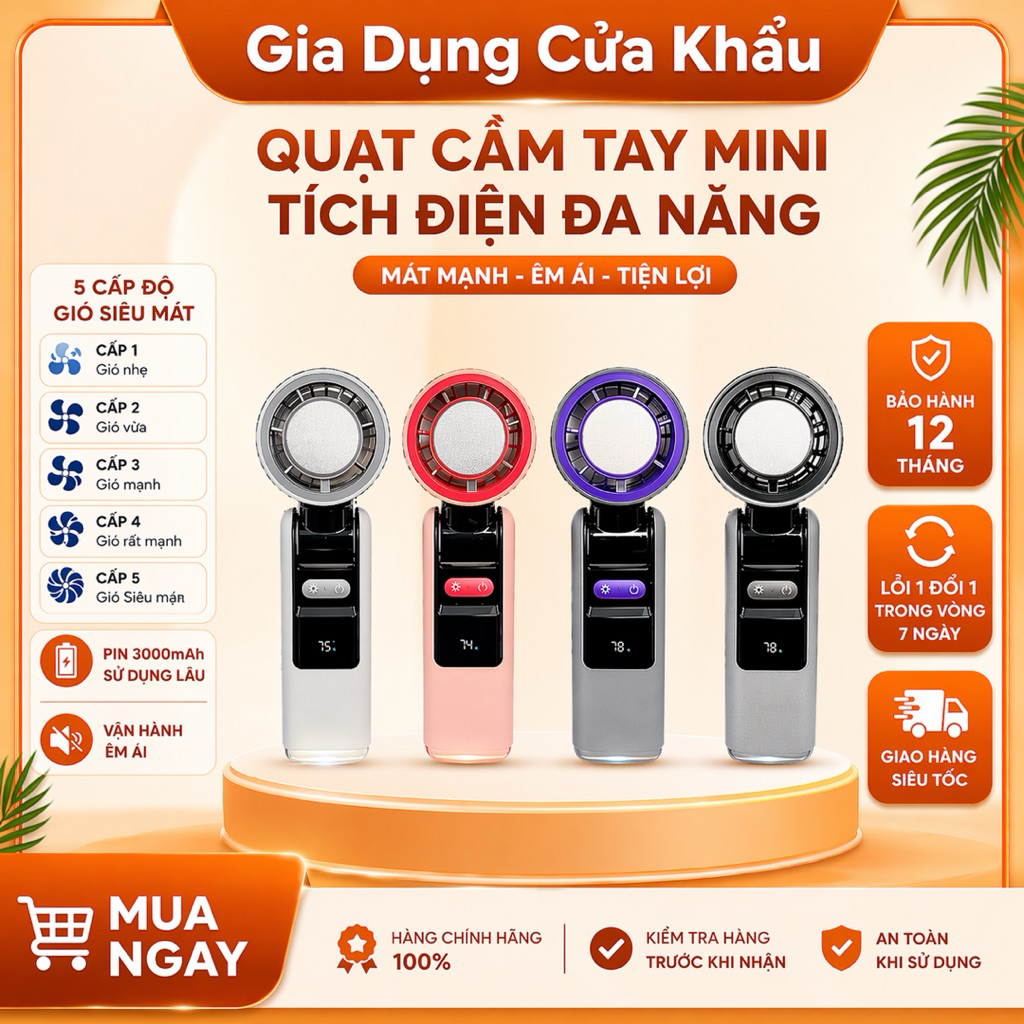 👉 Quạt Cầm Tay Mini Tích Điện Siêu Mát 5 Cấp Độ Gió Màn Hình LED Pin 3000mAh Sạc USB