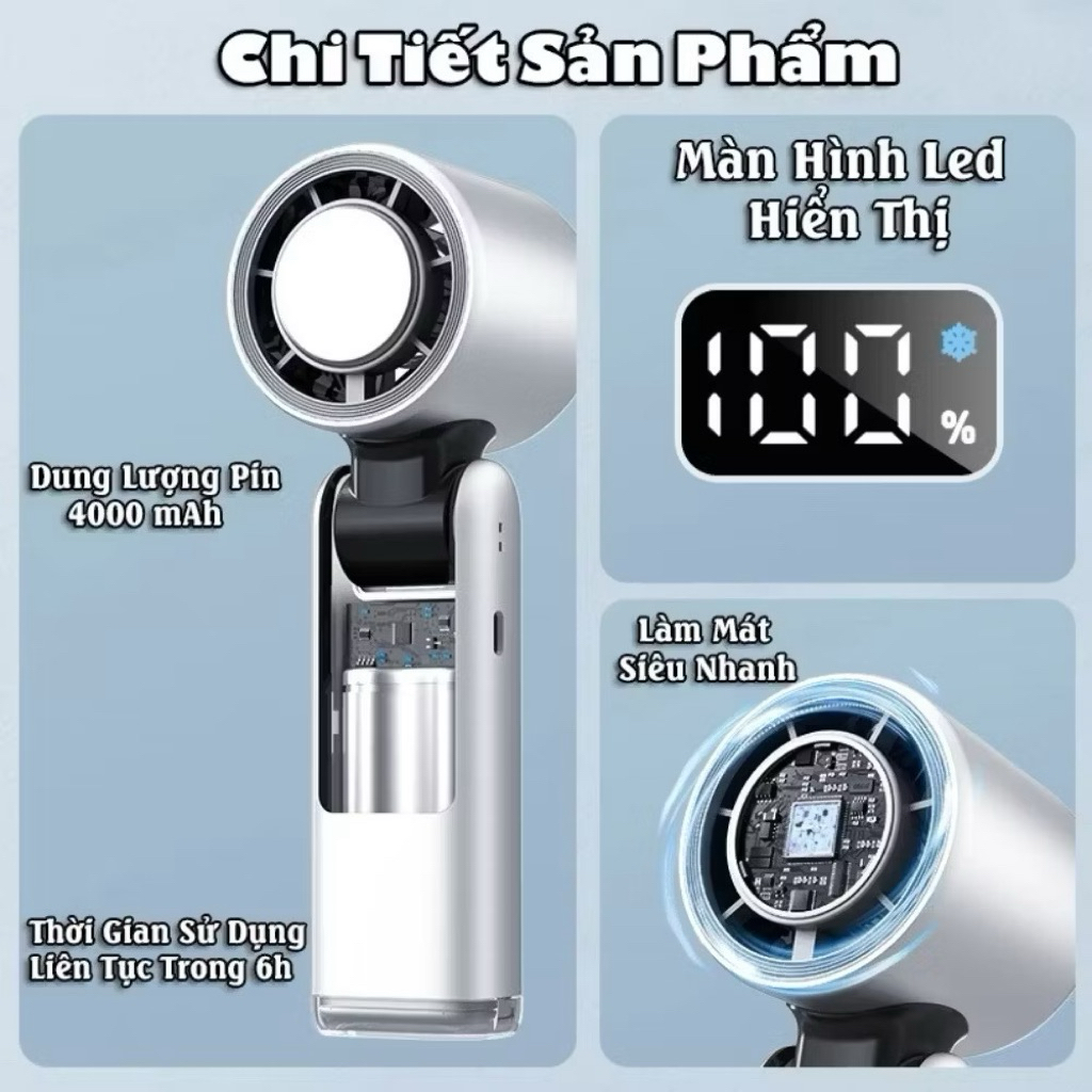 👉 Quạt Cầm Tay Mini Tích Điện Siêu Mát 5 Cấp Độ Gió Màn Hình LED Pin 3000mAh Sạc USB