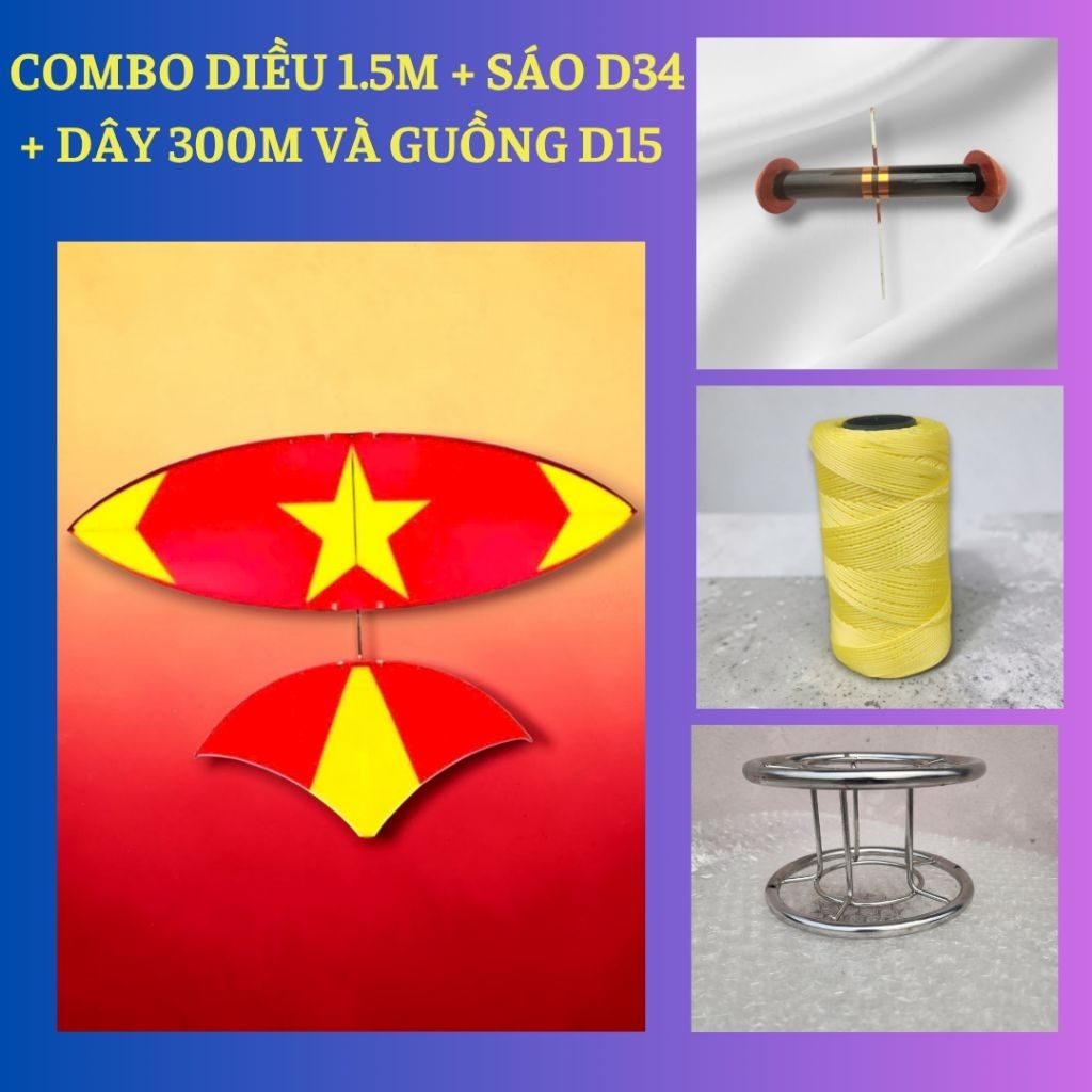💥 Combo Diều 1.5m + Sáo đơn D34 + Dây 300m + Guồng D15 💥