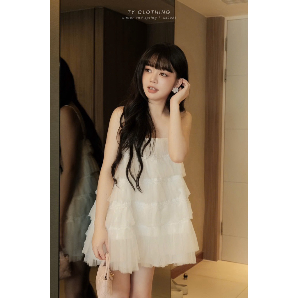 [ TY CLOTHING ] - Váy Babydoll Lưới Tầng Hồng - Hàng Thiết Kế - Màu Trắng