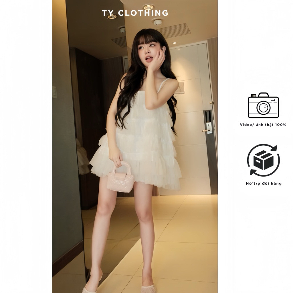 [ TY CLOTHING ] - Váy Babydoll Lưới Tầng Hồng - Hàng Thiết Kế - Màu Trắng