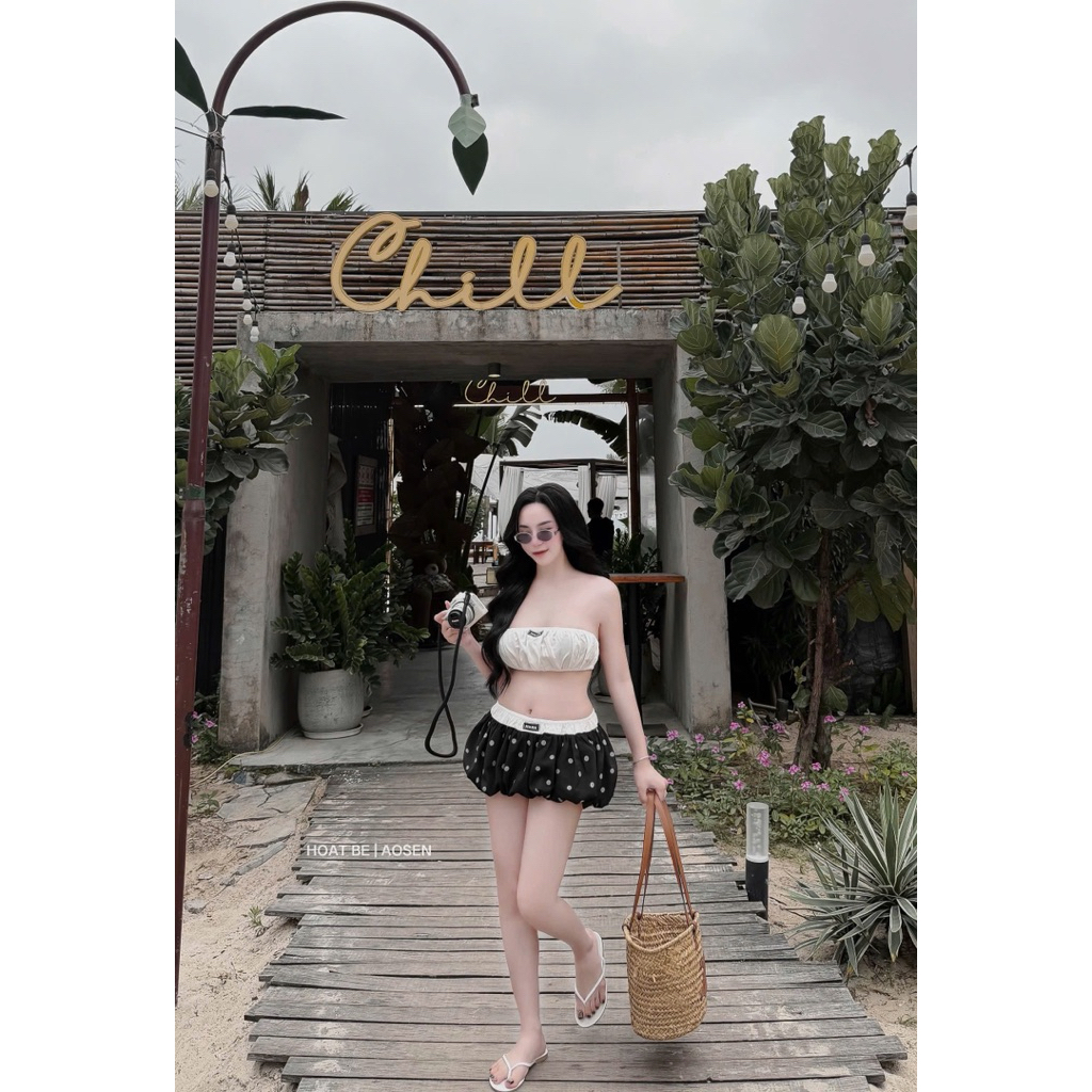 Set áo quây chun ngực mix quần bồng chấm bi đi biển đẹp lắm