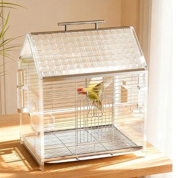 Lồng Chim Mica Trong Suốt Cao Cấp 🐦 Khung Inox Chống Gỉ –  Dễ Vệ Sinh, Kèm Cốc Nước và khay ăn