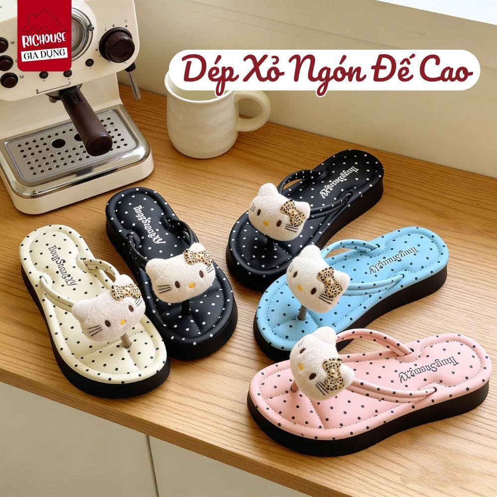 Dép Xỏ Ngón Nữ Đế Cao 3,5cm Hoạ Tiết Kitty Dễ Thương, Dép Đi Biển, Đi Chơi Nhẹ Êm & Thời Trang
