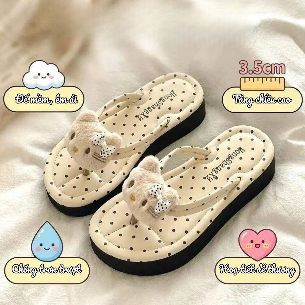 Dép Xỏ Ngón Nữ Đế Cao 3,5cm Hoạ Tiết Kitty Dễ Thương, Dép Đi Biển, Đi Chơi Nhẹ Êm & Thời Trang