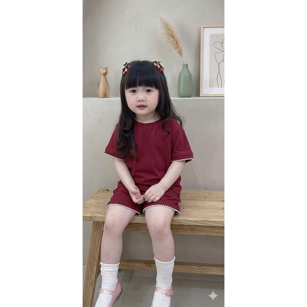 Sét Bộ Cộc Tay 3 Mầu In Trái Tym Thêu Viền Dành Cho Bé Gái 9-35kg