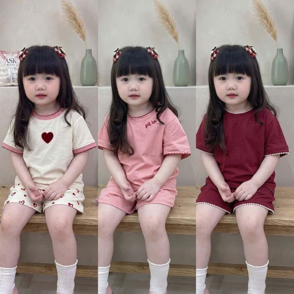 Sét Bộ Cộc Tay 3 Mầu In Trái Tym Thêu Viền Dành Cho Bé Gái 9-35kg