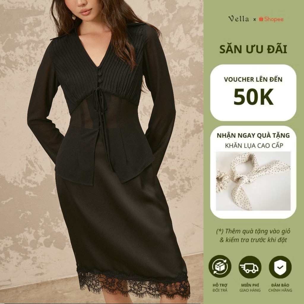 Áo Sơ Mi Voan Đen Dáng Ôm Xếp Ly & Váy Lụa Đen Viền Ren Dự Tiệc Nhẹ, Công Sở Vella VA26007 VV26008