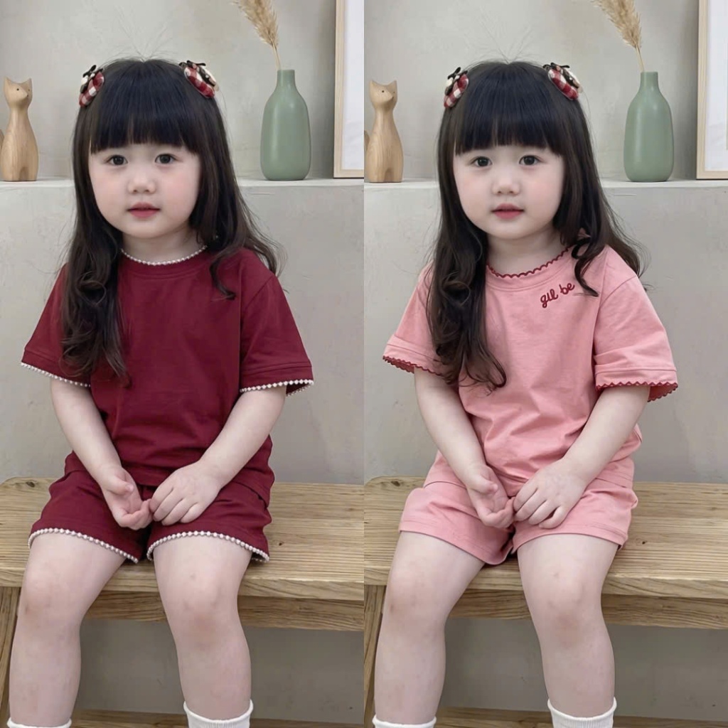 Sét Bộ Cộc Tay 3 Mầu In Trái Tym Thêu Viền Dành Cho Bé Gái 9-35kg