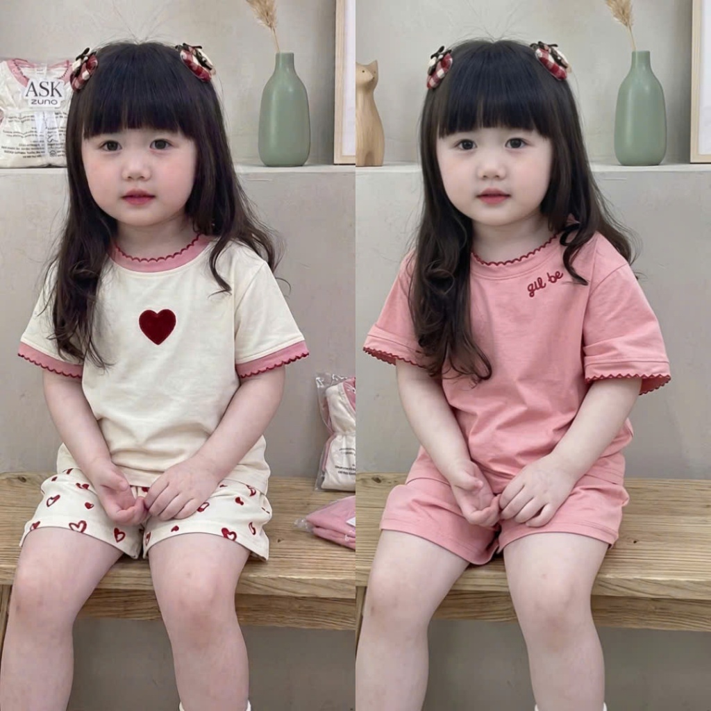 Sét Bộ Cộc Tay 3 Mầu In Trái Tym Thêu Viền Dành Cho Bé Gái 9-35kg