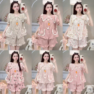 Bộ Đồ Ngủ Nữ JUSOKA Pijama DU46 Cổ Sen Ren Trắng Chất Liệu Đũi Vân Mây Đính Thỏ Cà Rốt