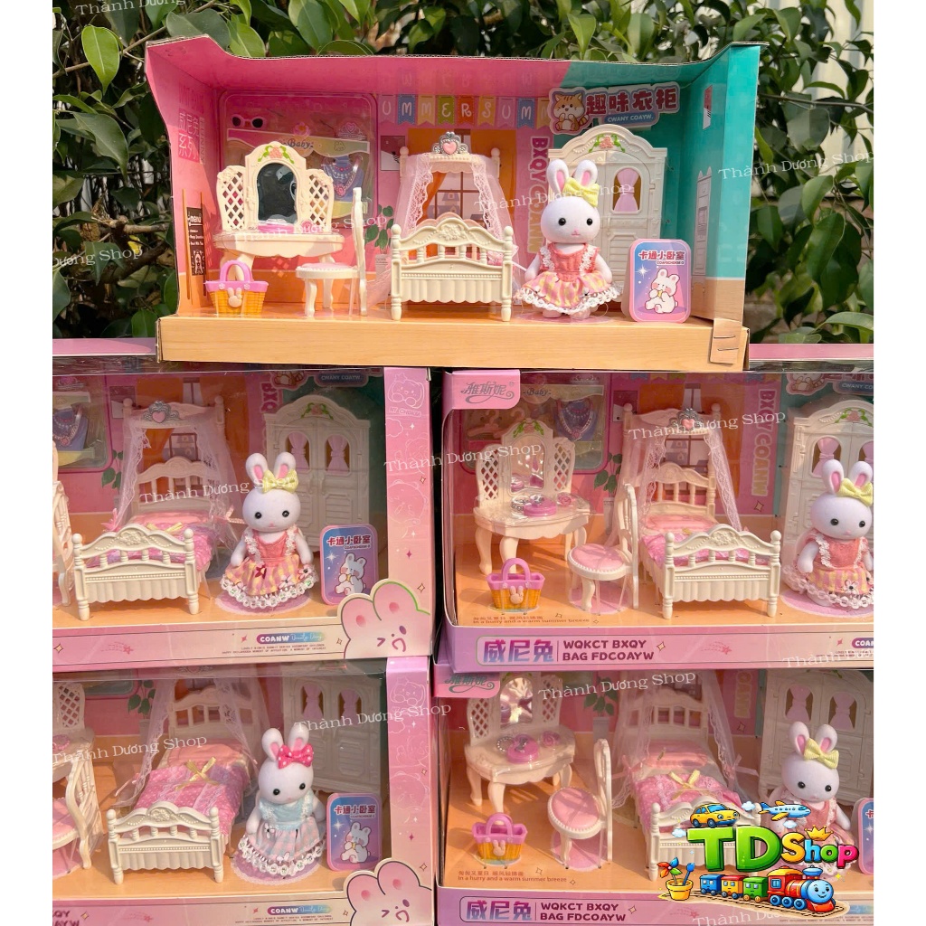 Bộ đồ chơi nhà búp bê thỏ mini cho bé gái, set phòng tắm & bếp đầy đủ phụ kiện, đồ chơi an toàn 3+