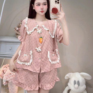 [DEAL MỞ BÁN] Bộ Đồ Ngủ Nữ JUSOKA Pijama DU46 Cổ Sen Ren Trắng Chất Liệu Đũi Vân Mây Đính Thỏ Cà Rốt