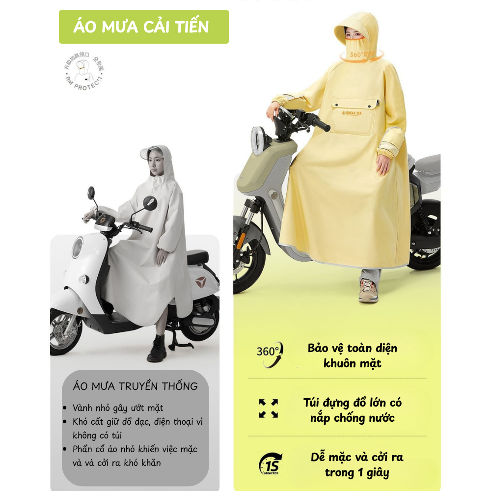 Áo Mưa Cải Tiến 360° Cao Cấp, Áo Mưa Choàng Chống Nước, Có Mũ Che Mặt, Túi Lớn, Đi Xe Máy Tiện Lợi