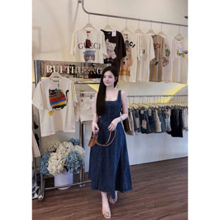 Váy Đầm Sát Nách Cổ Vuông Dáng Dài Chiết Eo Xoè Denim