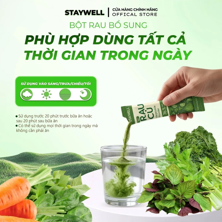 Combo x5 hộp Bột Rau Cần Tây Cải Xoăn Bó Xôi Diếp Cá Tía Tô STAYWELL ( Hộp 15 gói x 3g ) – 7