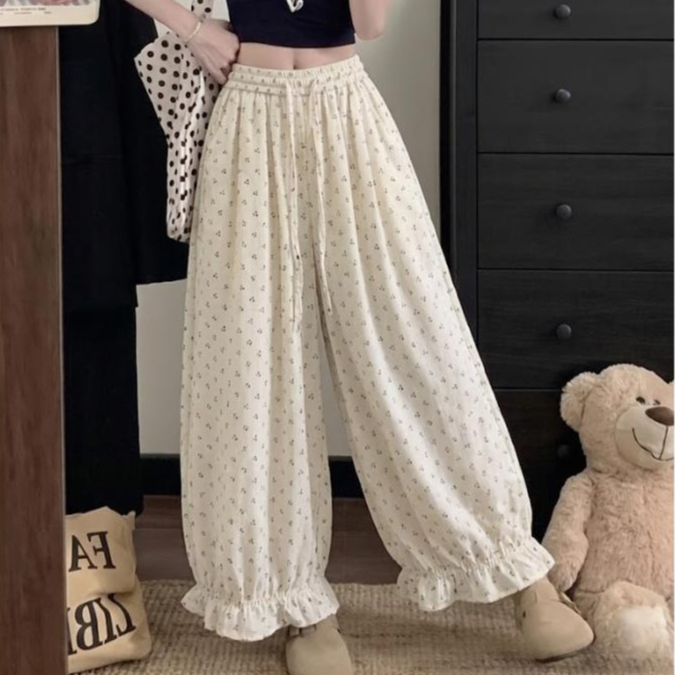 Quần Bom Thụng Ống Rộng Cạp Chun, Dây Rút, Họa Tiết Hoa Nhí, Chất Đũi Mềm Mát Nhún Bèo Gấu, Mã 3366
