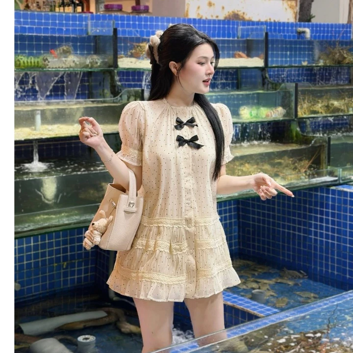 Váy Nữ, Váy Đi Biển, Váy Babydoll Chấm Bi Đính Nơ Pha Chân Ren Dáng Xòe Sang Chảnh Loại 1 HCM Ms780