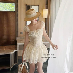 Váy ren hoa dáng ngắn tay bồng phong cách cottagecore đi chơi đi biển, Đầm xoè tiểu thư chiết eo tôn dáng sang chảnh