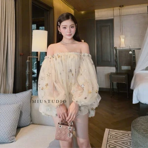 Áo váy trễ vai voan tơ tay bồng phối hoạ tiết ngôi sao lấp lánh ,Đầm công chúa dáng xoè sang chảnh mặc đi tiệc, đi chơi