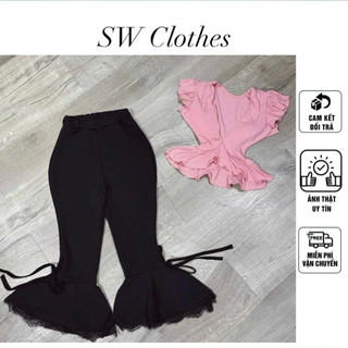 Set 2 món áo cổ v tay bèo sẵn mút + quần ống loe hottrend phối ren