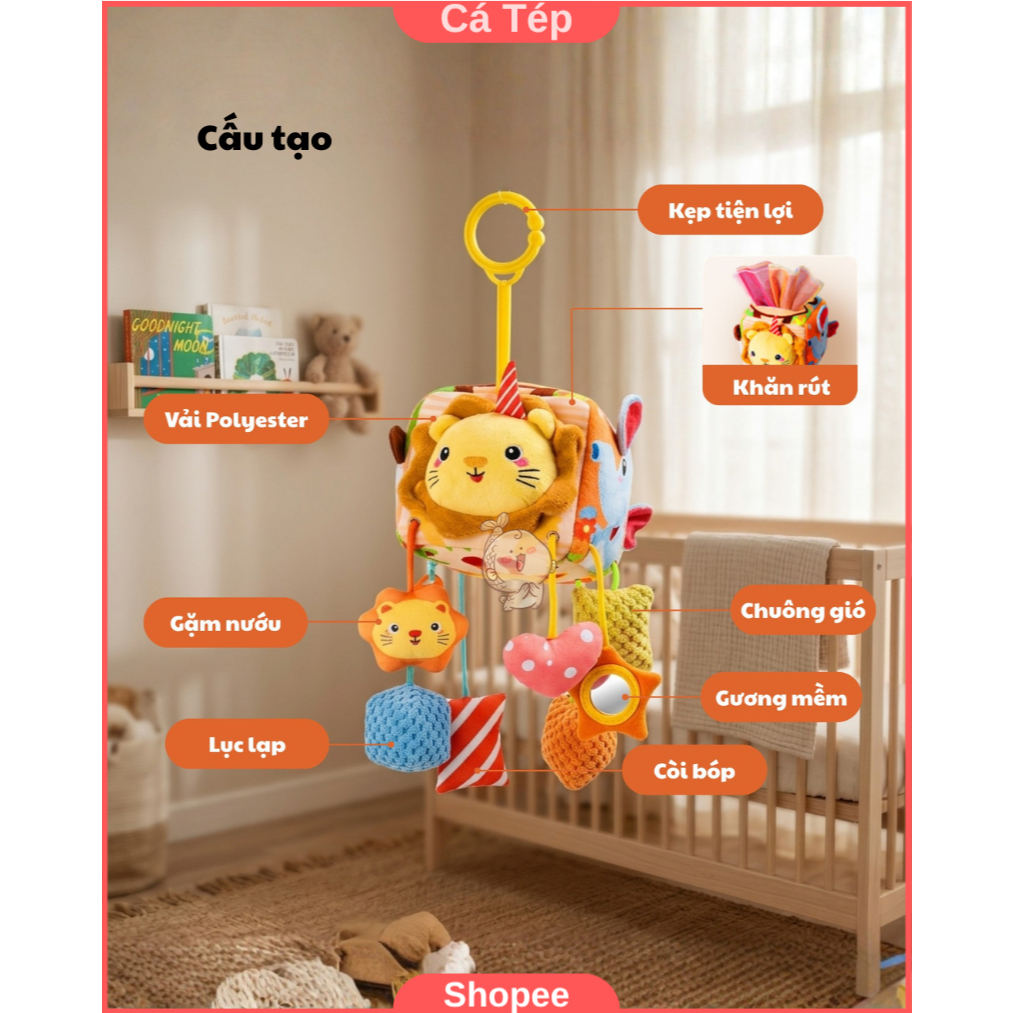 Đồ chơi treo nôi, xe đẩy kích thích giác quan cho bé, vải mềm, có kẹp tiện lợi - Sư tử