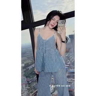 SET ÁO 2S VIỀN REN MIX QUẦN ỐNG XUÔNG KẺ XANH HOT HIT