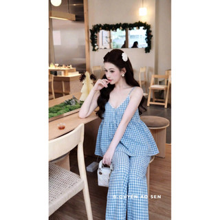 SET ÁO 2S VIỀN REN MIX QUẦN ỐNG XUÔNG KẺ XANH HOT HIT