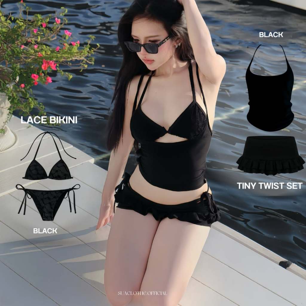[SẴN] ONESOON Bikini 4 mảnh buộc dây sexy, bộ đồ bơi 2 mảnh phối ren kèm set áo hai dây, chân váy ngắn ôm body gợi cảm