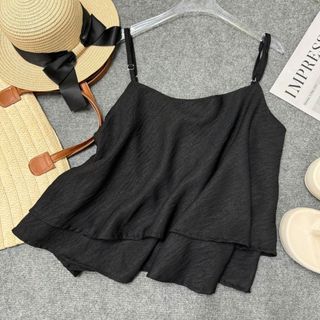 Áo hai dây nữ bigsize dáng babydoll tầng xòe nhẹ chất linen mát 3 màu trắng đen xanh form rộng che bụng A354