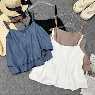 Áo hai dây nữ bigsize dáng babydoll tầng xòe nhẹ chất linen mát 3 màu trắng đen xanh form rộng che bụng A354