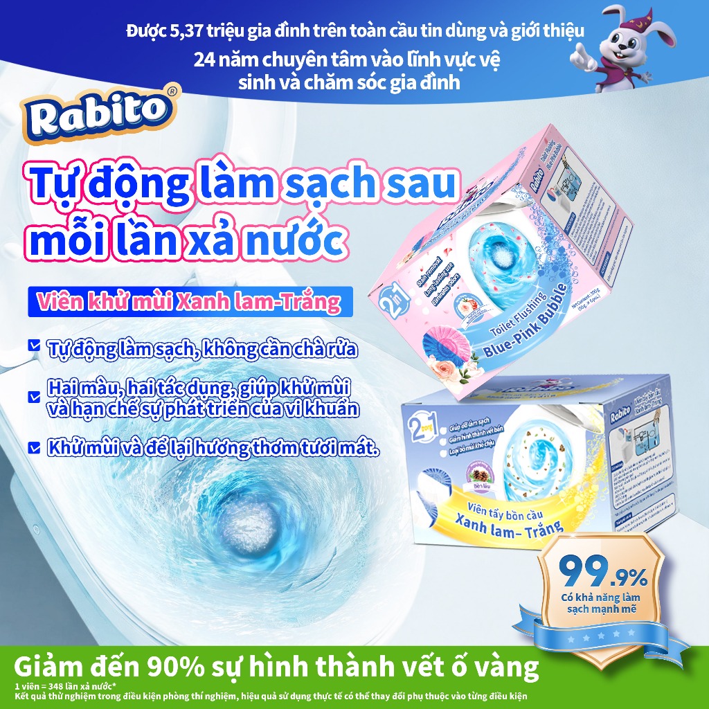 ComboViên khử mùi bồn cầu Rabito loại bỏ vết bẩn và mùi hôi, 2IN1 giảm hiện tượng ố vàng, và dễ dàng vệ sinh. 6 viên/hộp