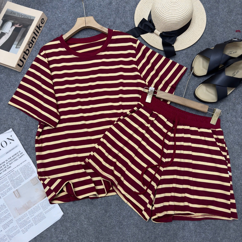 Set Nữ Bigsize Kẻ Sọc Form Suông – Áo Thun Basic + Quần Short Lưng Thun Co Giãn 50-92kg SET869
