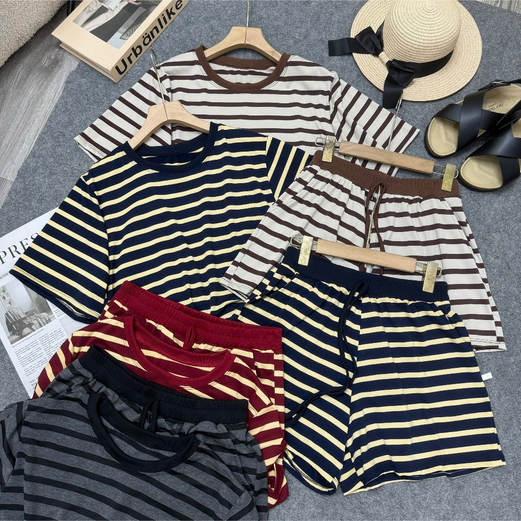 Set Nữ Bigsize Kẻ Sọc Form Suông – Áo Thun Basic + Quần Short Lưng Thun Co Giãn 50-92kg SET869