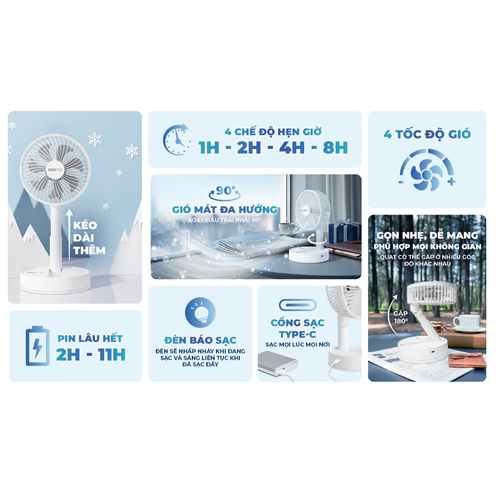 [Hỏa Tốc] Quạt Sạc Mini Xoay Tự Động 90° Totolink Fan03 – Cổ Gập Linh Hoạt, Pin Lâu, Có Hẹn Giờ Tắt