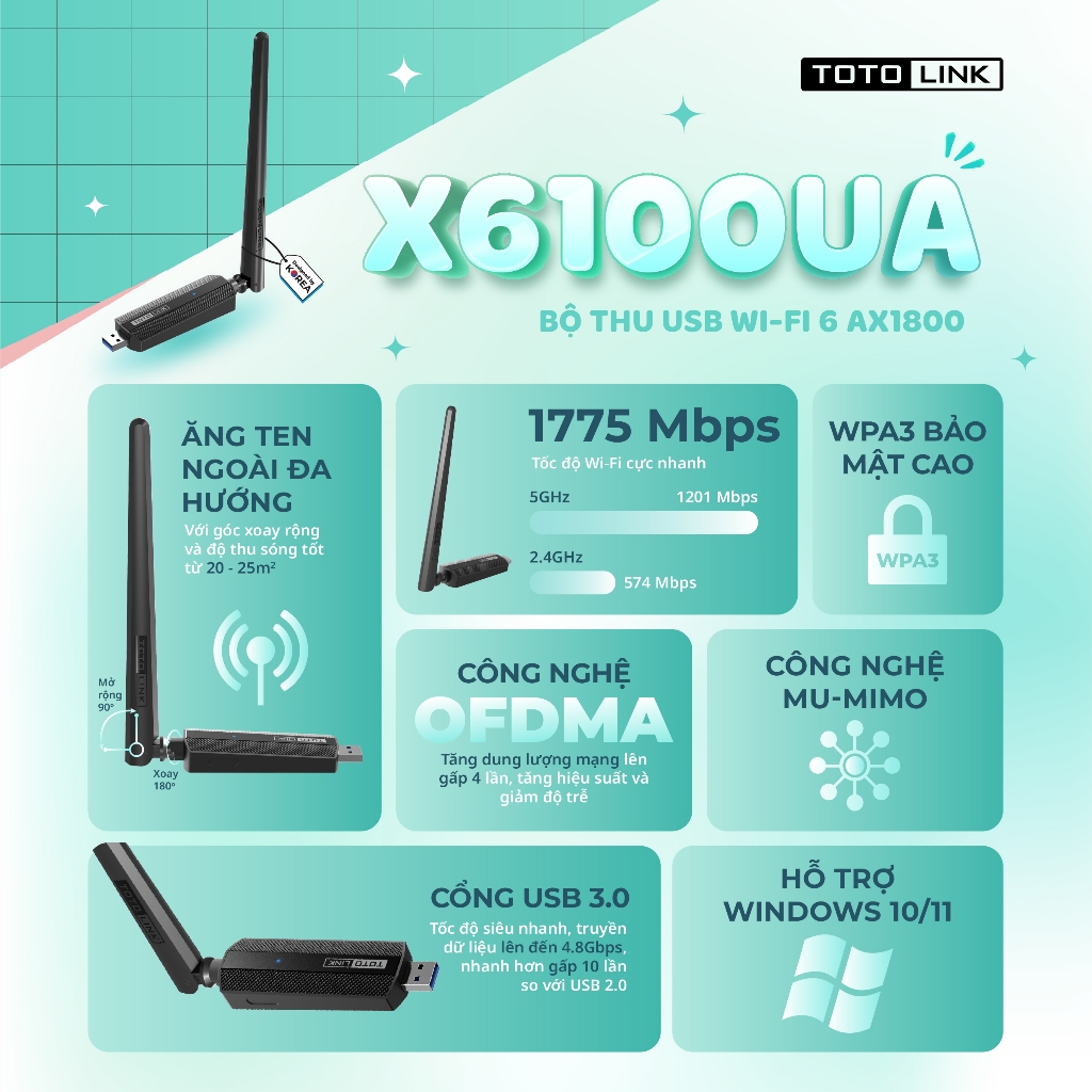 [Hoả Tốc] Bộ thu USB Wi-Fi 6 TOTOLINK X6100UA - WiFi chuẩn AX1800Mbps USB 3.0 dễ sử dụng cho PC & Laptop