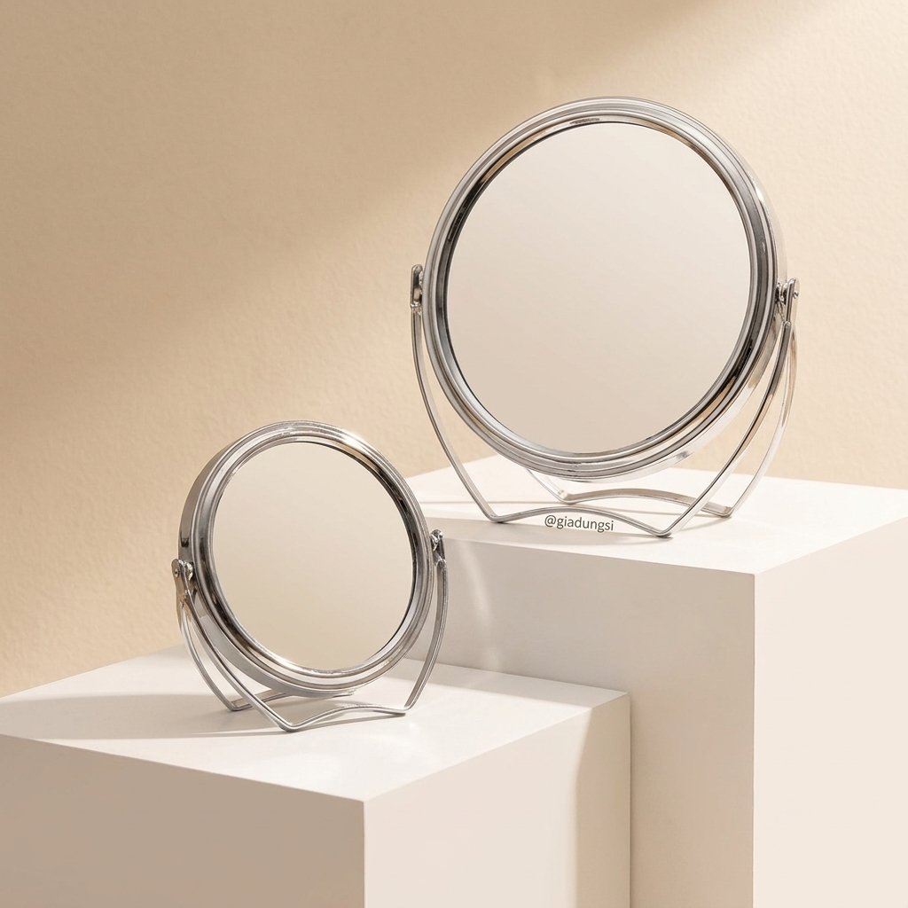 Gương trang điểm để bàn inox 2 mặt xoay 360 độ có mặt phóng chân xếp gọn | BigBuy360 - bigbuy360.vn