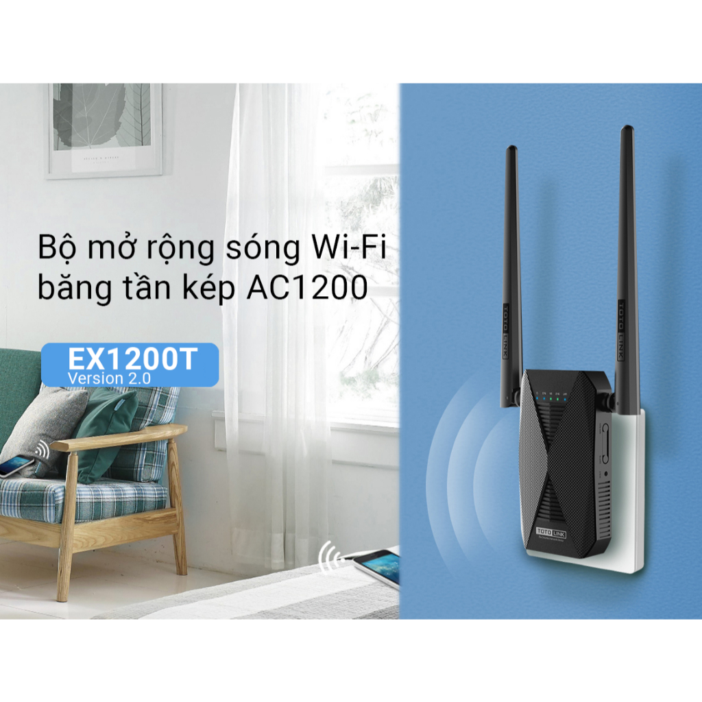 Bộ mở rộng sóng Wi-Fi TOTOLINK EX1200T-V2 băng tần kép chuẩn AC1200Mbps