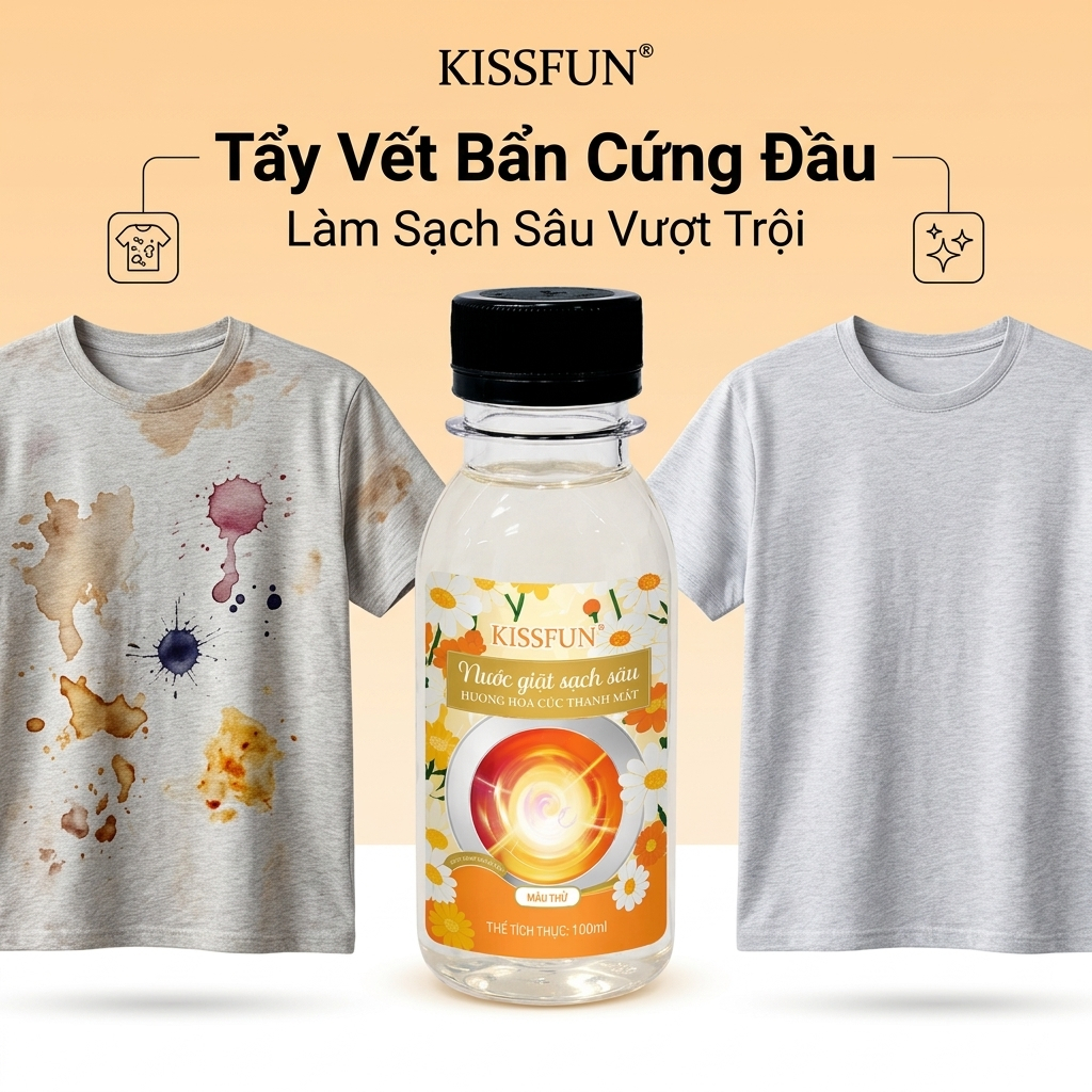 Nước giặt mini KISSFUN Hương hoa cúc 100ml | Sạch sâu & Mềm vải - Khử Mùi & Lưu hương 72h