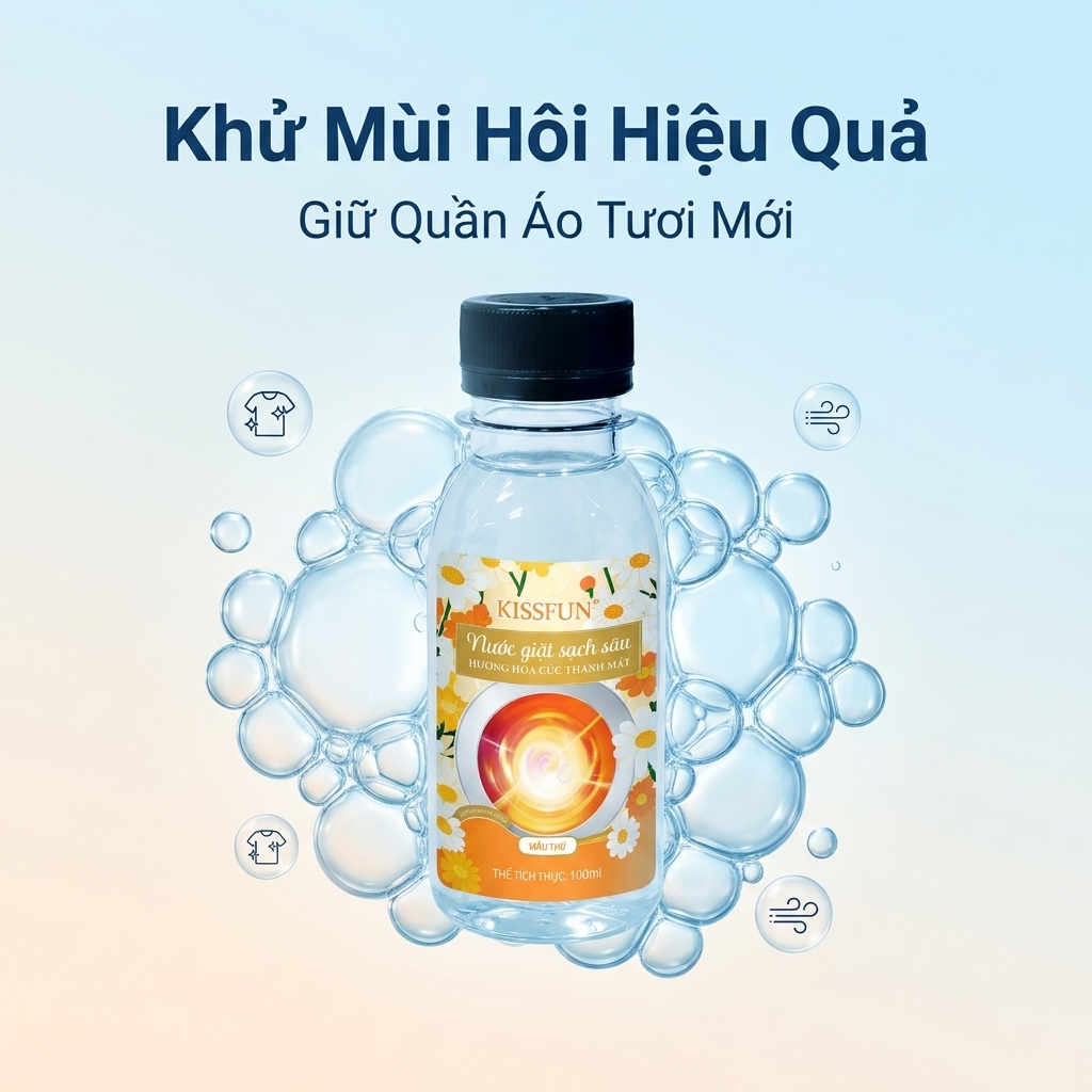 Nước giặt mini KISSFUN Hương hoa cúc 100ml | Sạch sâu & Mềm vải - Khử Mùi & Lưu hương 72h
