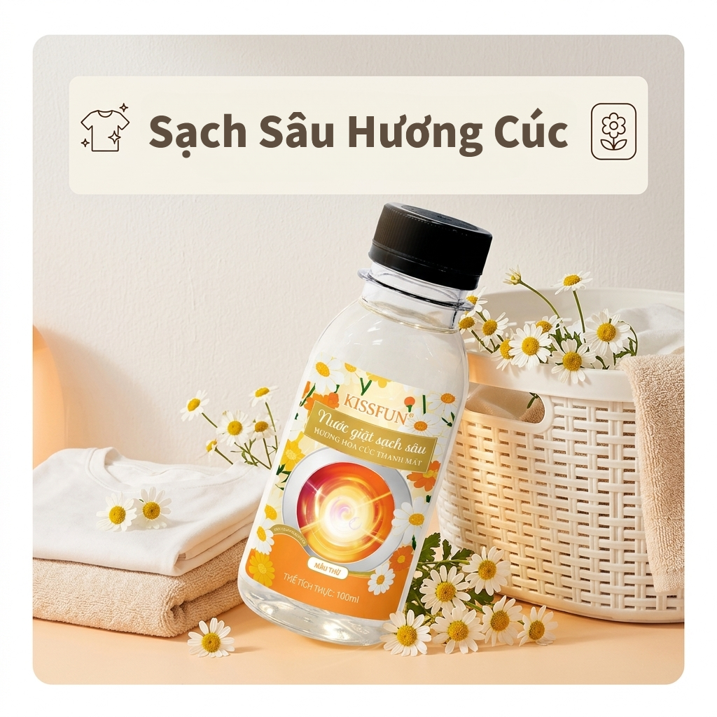 Nước giặt mini KISSFUN Hương hoa cúc 100ml | Sạch sâu & Mềm vải - Khử Mùi & Lưu hương 72h