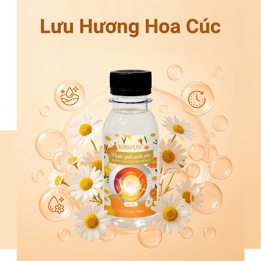 Nước giặt mini KISSFUN Hương hoa cúc 100ml | Sạch sâu & Mềm vải - Khử Mùi & Lưu hương 72h