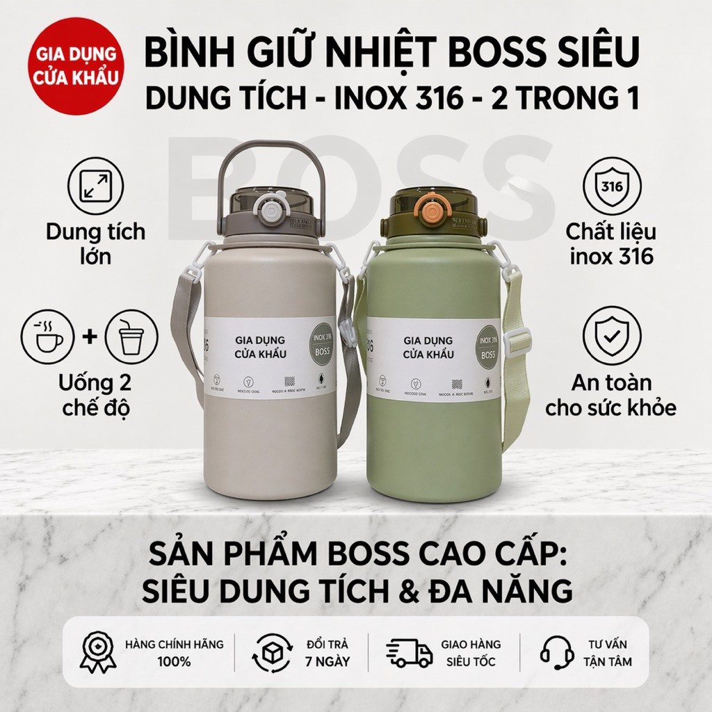 👉 Bình Giữ Nhiệt Inox 316 2L Cao Cấp Giữ Nóng Lạnh Lâu Có Ống Hút 2in1 Bình Nước Thể Thao