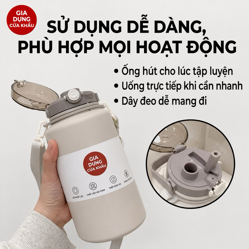 👉 Bình Giữ Nhiệt Inox 316 2L Cao Cấp Giữ Nóng Lạnh Lâu Có Ống Hút 2in1 Bình Nước Thể Thao