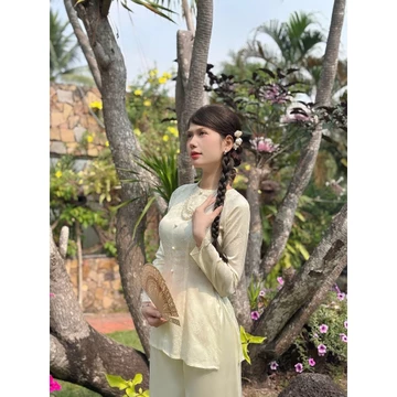 Hân Nguyễn Áo Bà Ba - B.A183 - Áo Bà Ba Gấm Tơ Dệt Hoa Lá Trúc Cổ Tròn Nút Nụ Bọc Dây Kéo Tay Dài QUẦN NGỌC TRAI