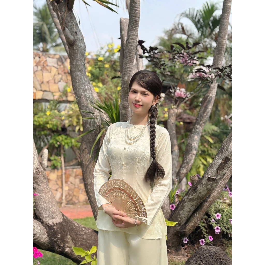 B.A183 - Áo Bà Ba Gấm Tơ Dệt Hoa Lá Trúc Cổ Tròn Nút Nụ Bọc Dây Kéo Tay Dài ( QUẦN NGỌC TRAI )