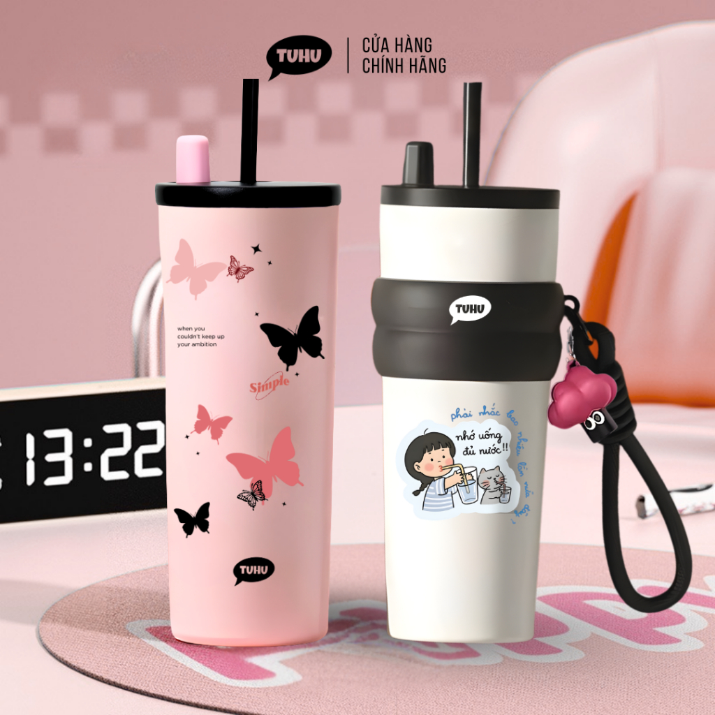Ly giữ nhiệt khắc tên Fun 710ml có ống hút, ly giữ nhiệt nóng lạnh inox 316 cao cấp có quai xách tiện lợi – TUHUHOUSE