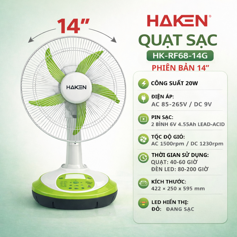 Quạt Sạc HAKEN 14-16 Inch | Dùng 40-60H | Sạc Điện + Năng Lượng Mặt Trời | Gió Mạnh Êm