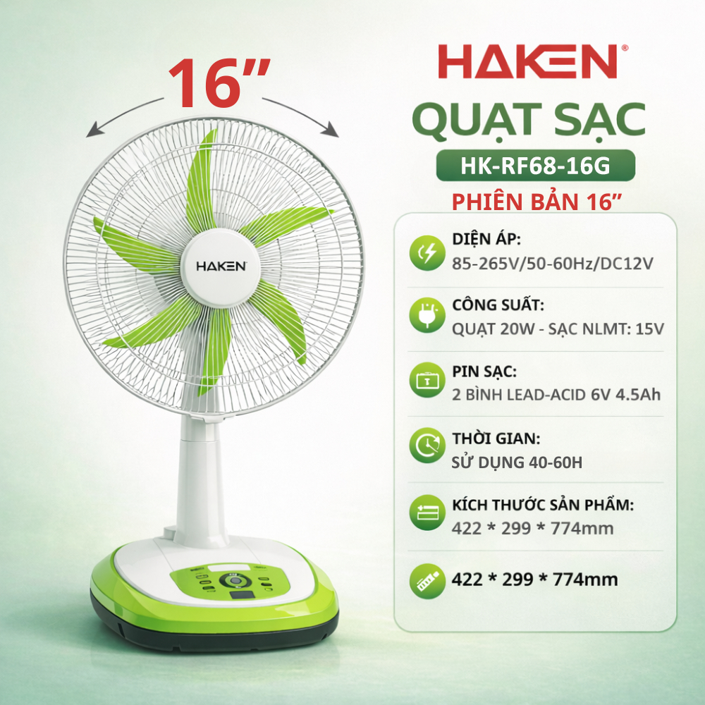 Quạt Sạc HAKEN 14-16 Inch | Dùng 40-60H | Sạc Điện + Năng Lượng Mặt Trời | Gió Mạnh Êm