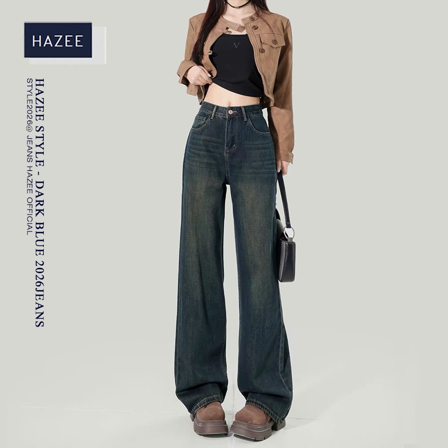 Quần Jeans Ống Rộng Lưng Cao Dark Blue 2026 HAZEE– Dáng Suông Hack Dáng, Phong Cách Hàn Quốc